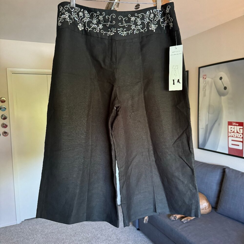 Larry Levine Linen Blend Black Wide Leg Cropped Pants with Beaded Waist